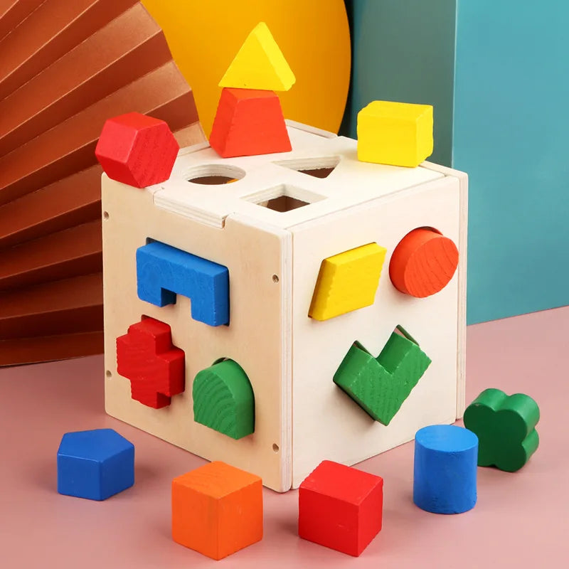 Children's 15-Hole Wooden Shape Sorter Cube