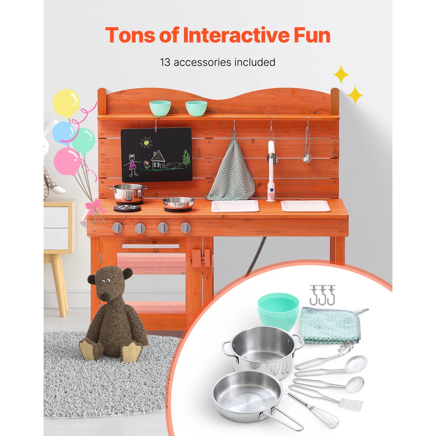 Children's Wooden Mud Kitchen Playset with Stove Sink & Faucet
