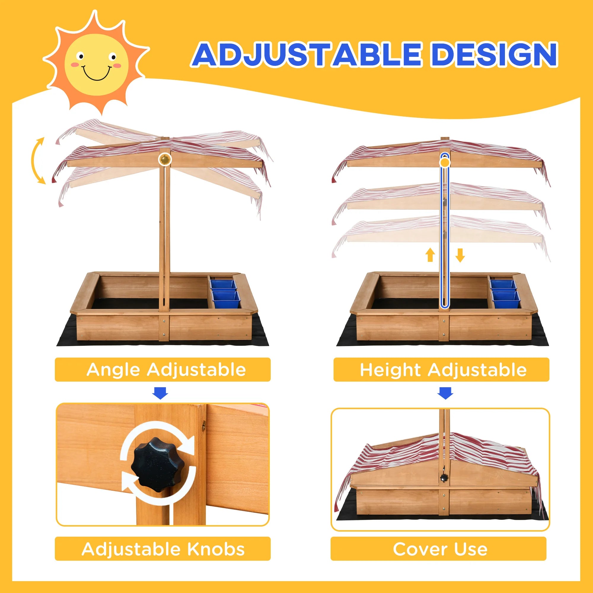 Children's Wooden Sand Pit With Height Adjustable Sun Shade Canopy