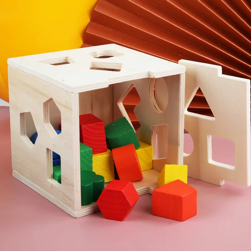 Children's 15-Hole Wooden Shape Sorter Cube
