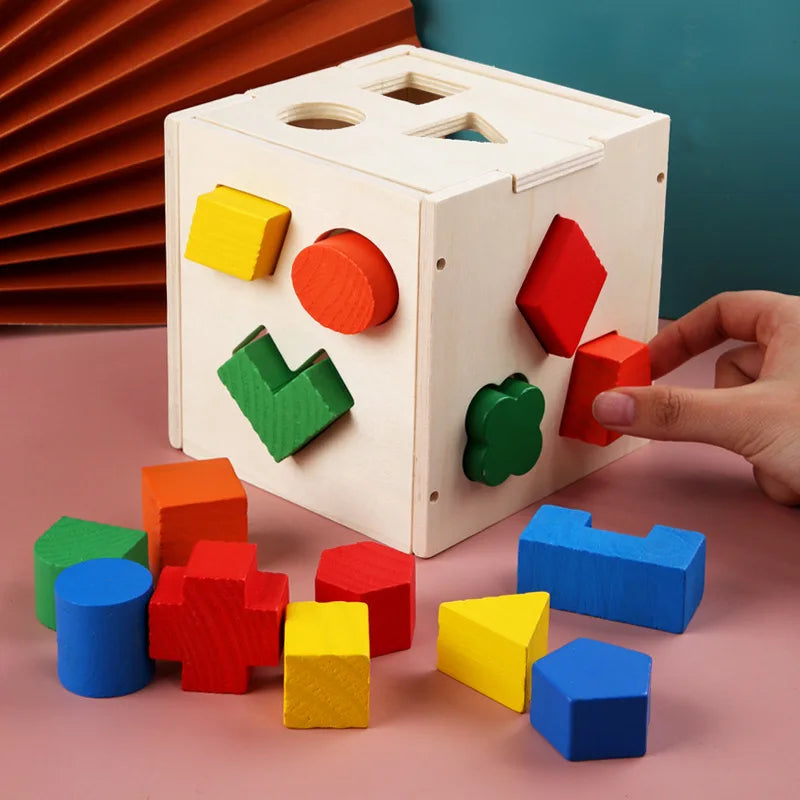 Children's 15-Hole Wooden Shape Sorter Cube