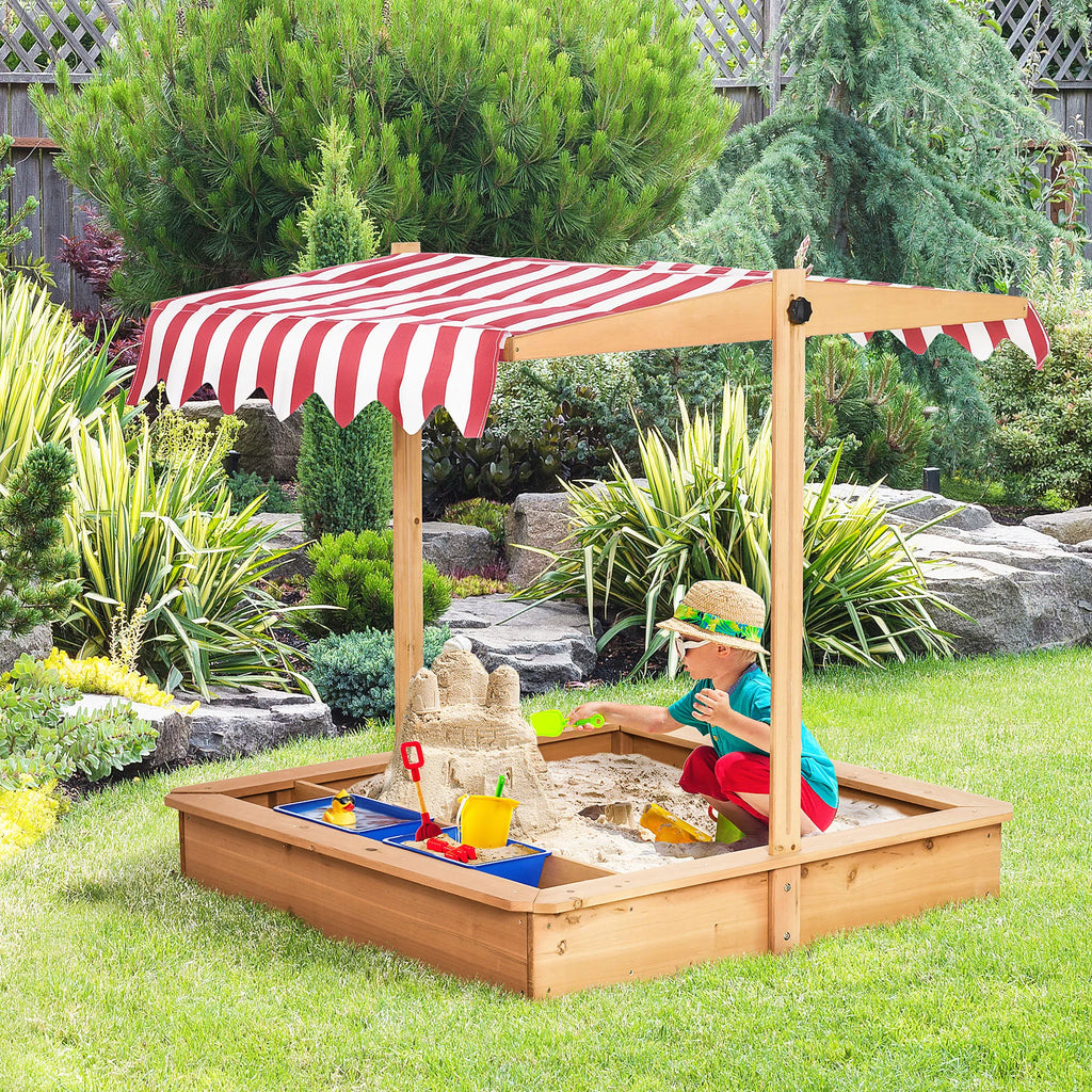 Children's Wooden Sand Pit With Height Adjustable Sun Shade Canopy