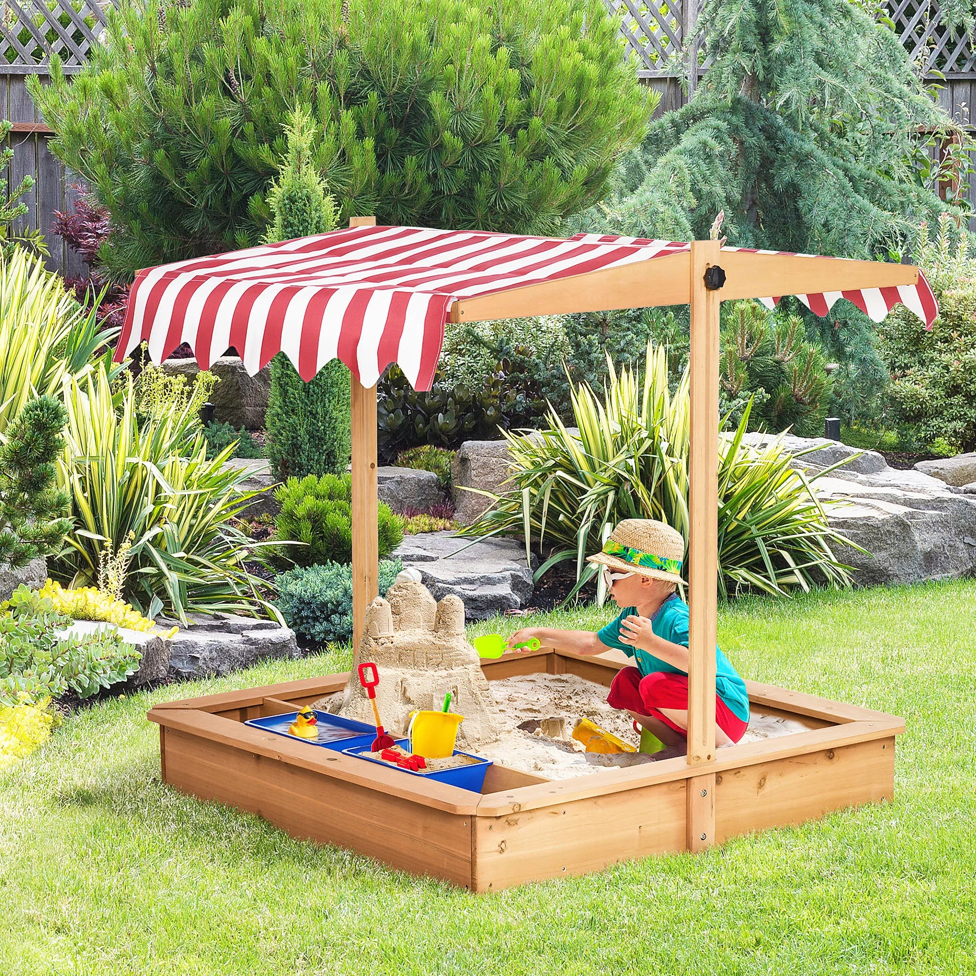 Children's Wooden Sand Pit With Height Adjustable Sun Shade Canopy