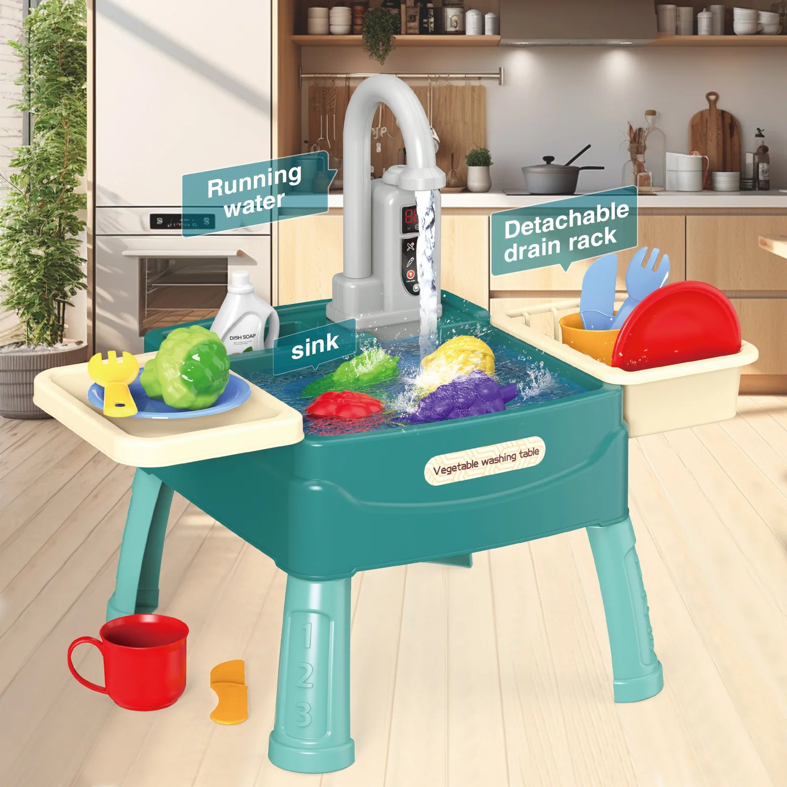 Play Sink with Running Water Kitchen Sink Toys with Electric Faucet Water Table Floating Pool Dishwasher Set for Toddler Girl